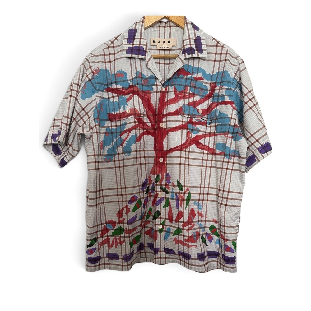 Marni Mens cotton Plaid Tree of life Short Sleeve Button Up Shirt Italy L IT 48